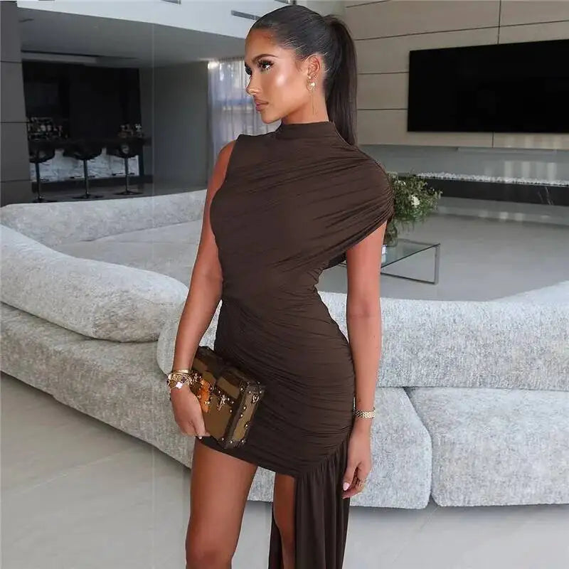 Summer Draped Ruched Sexy Mini Dress Women 2025 New Irregular High Waist Slim Fit Dress Female Elegant Club Tank Dress
