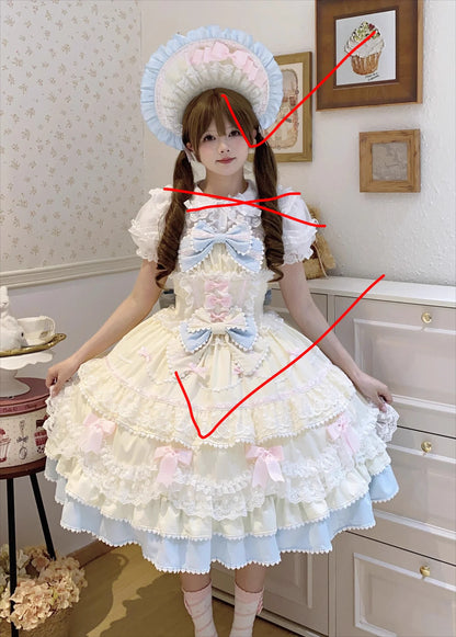 New 2025 Summer Original Sweet Lolita Jsk Dress Cute Bow Lace Stitching Kawaii Girls Women Elegant Slim Suspender Dresses