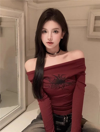 T Shirt Women Long Sleeve Off Shoulder Y2k Vintage Tops Streetwear Korean Style Crop Tops Autumn