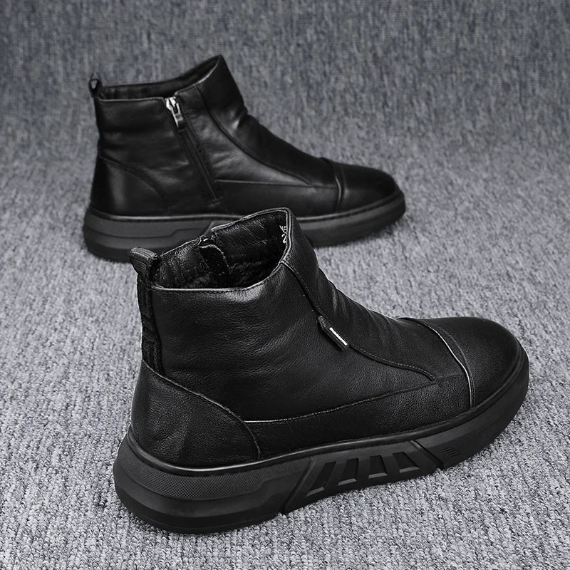 Winter Quality High Top Mens Leather Boots Zip Fashion Plush Warm Men Ankle Boots Soft Sole Male Casual Boots Platform Work Boot