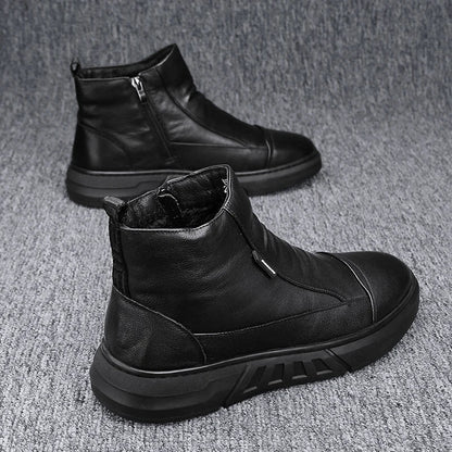 Winter Quality High Top Mens Leather Boots Zip Fashion Plush Warm Men Ankle Boots Soft Sole Male Casual Boots Platform Work Boot