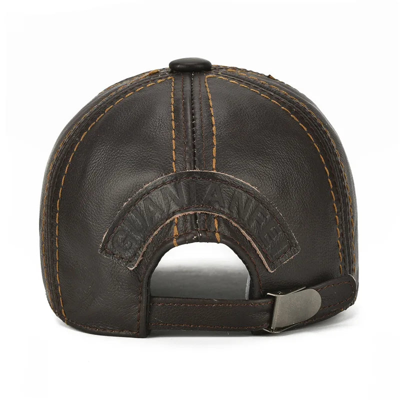 Men Real Cowhide Leather Earlap Caps Male Fall Winter 100% Real Cow Leather Hats New Casual Real Leather Outdoor Baseball Cap