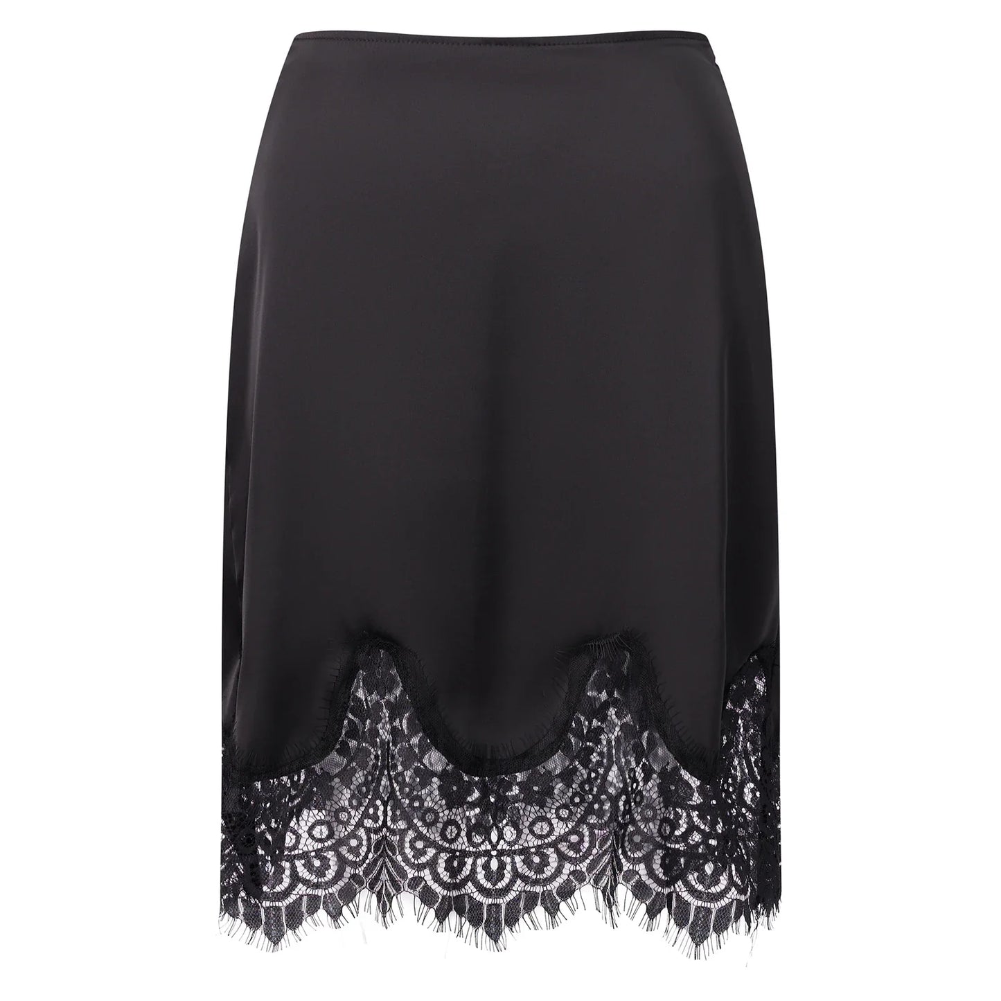 Women Satin Half Slip Skirts Lace Trim Elastic Waist Midi Skirt Elegant Silky Bodycon Knee Length Underskirts