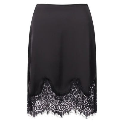 Women Satin Half Slip Skirts Lace Trim Elastic Waist Midi Skirt Elegant Silky Bodycon Knee Length Underskirts
