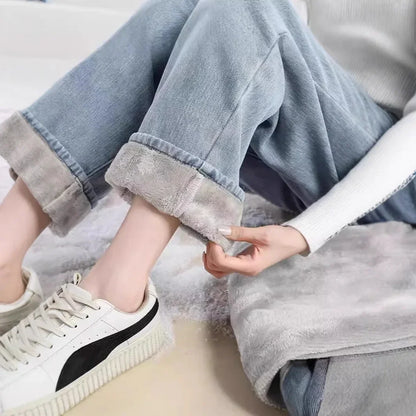 High Waist Fleece Lined Wide Leg Jeans