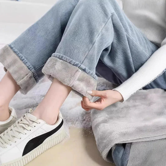 High Waist Fleece Lined Wide Leg Jeans