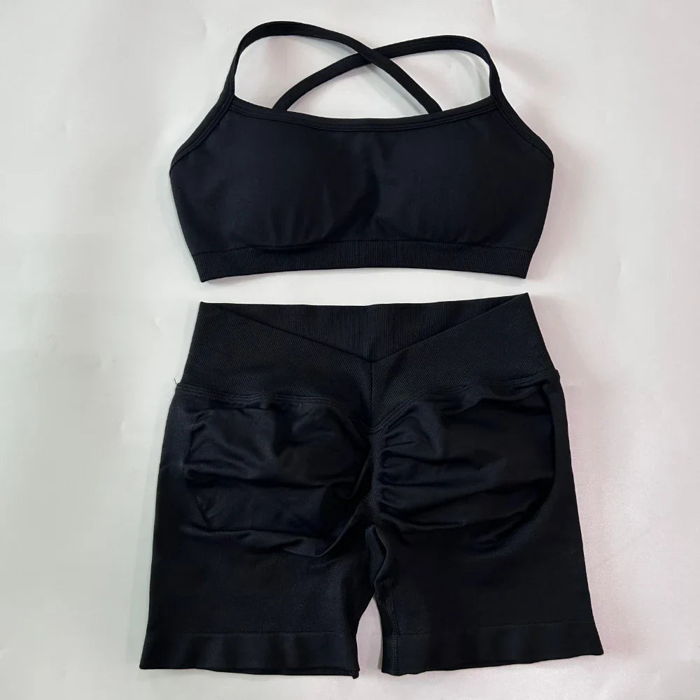 2 Pieces Set For Woman Clothes Seamless Scrunch Yoga Shorts Set Backless ktp Sports Bra Fitness Workout Top Gym Set Outfits