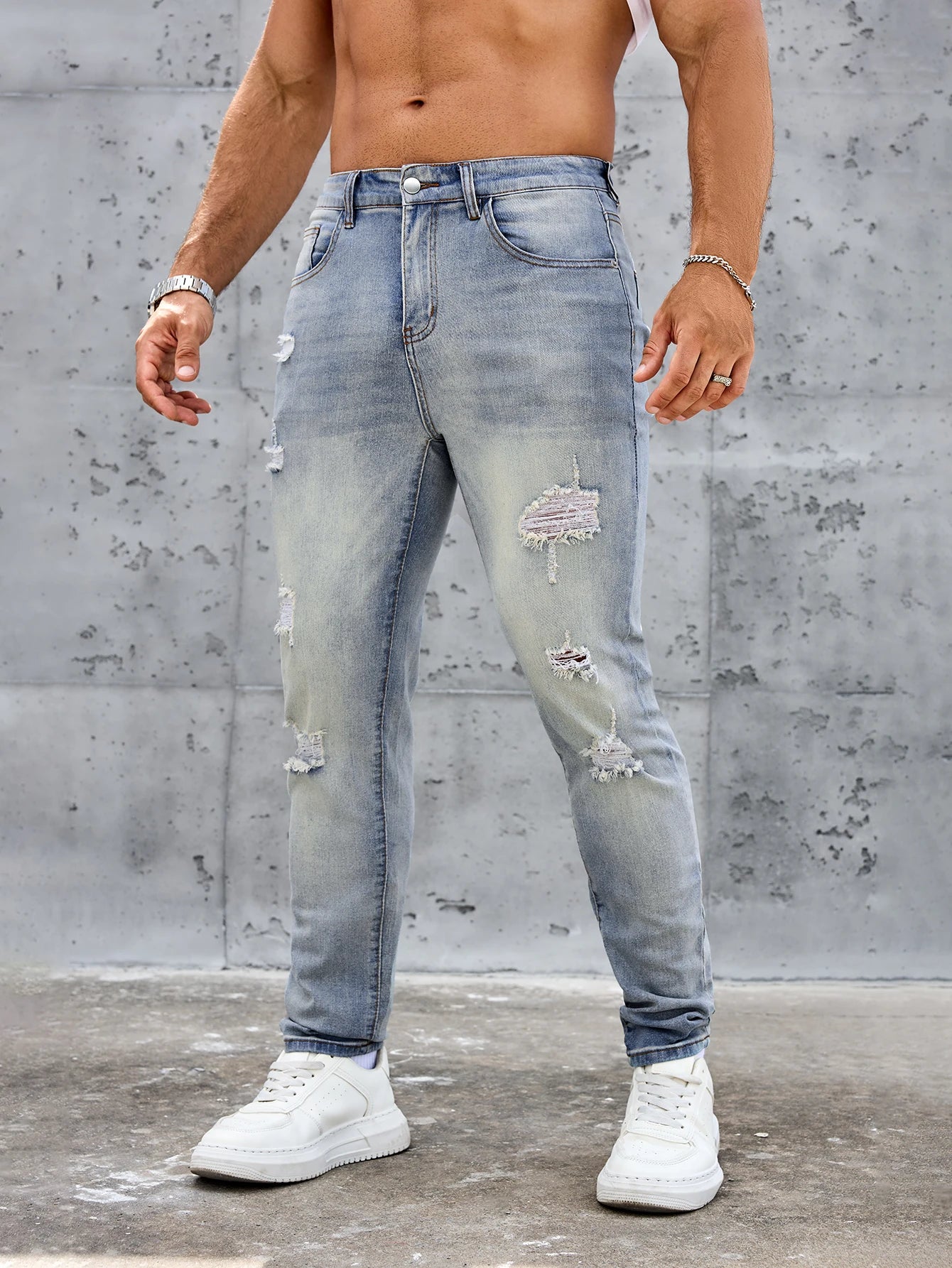 Men's Casual Slim Fit Stretch Jeans-Ripped Blue Denim Trousers Spring and Summer Pants Elastane Fabric