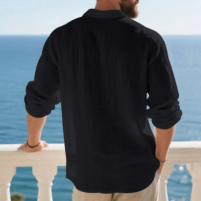 Linen shirt stand-up collar button-down men's loose casual breathable V-neck long-sleeved polo shirt