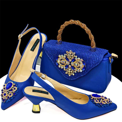 Nigerian Women's Pink High Heel Frosted Crystal Shiny Rhinestone Party Italian Design Pointed Shoes And Bag Set