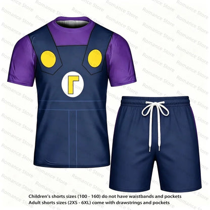 Super Waluigi Cosplay Tracksuit 3D Print T Shirt Shorts Suit For Kids Adults Anime Game Costume Summer Women Set Men's Suit