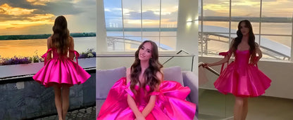 Mini Satin Sweetheart Homecoming Dresses for Teens Bow Spaghetti Straps Short Ball Gown Puffy Cocktail Prom Dress with Pockets