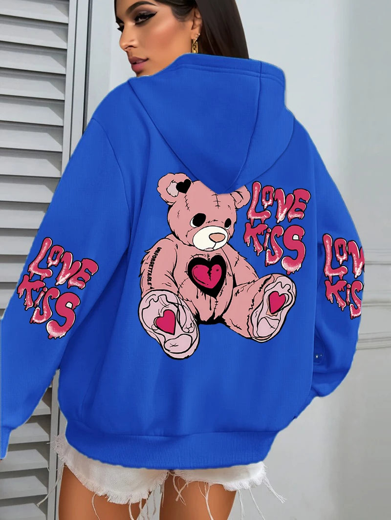 Pink Love Kiss Art Letter Prints Hoodies Women Pocket Autumn Hoody Fleece Multicolor Streetwear Unisex Hip Hop Y2K Clothing