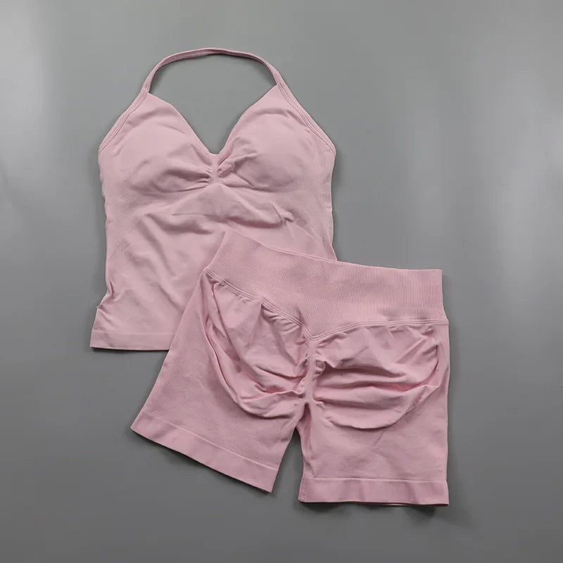 Yoga Longline Strappy Top Leggings Set Women's Backless Camisole Built-In bra Vest High-Waisted Hip Lift Gym Shorts Sports Set