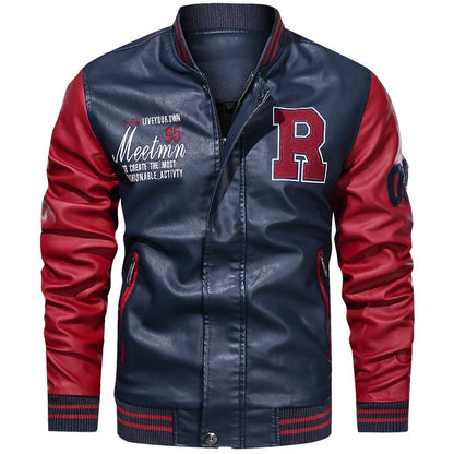 Spring and Autumn Men's Motorcycle Suit Leather jacket Color blocking American baseball collar pilot casual PU leather jacket