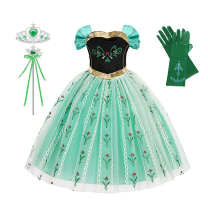Elsa Anna Dress for Girls Short Sleeve Dress Snow Queen Floral Print Dress Cosplay Birthday Party Children Kids Carnival Clothes