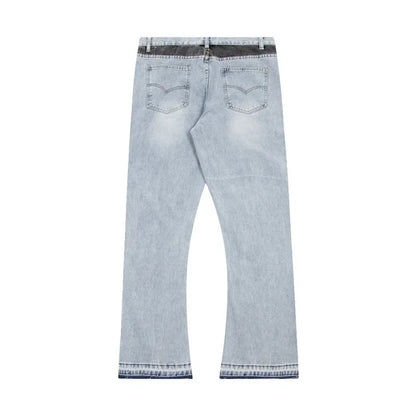 American retro washed letter spliced denim trousers high street trendy brand couple loose straight micro-flared long trousers