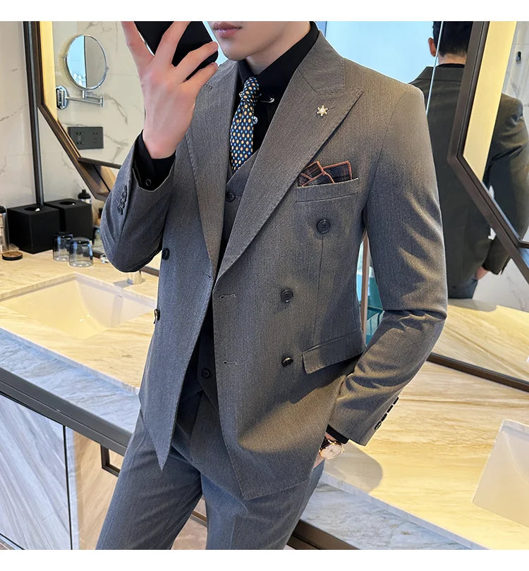 (Jackets+Pants) Luxury Double Breasted Design Slim Fit Suit High Quality Fashion Men's Wedding Social Suit Tuxedo 2 Piece Set