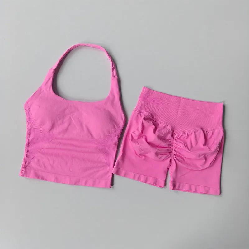 Seamless Halter Neck Yoga Wear Two Piece Women's Push up Sports Bra High Waist Tummy Control Butt Lift Fitness Shorts Set