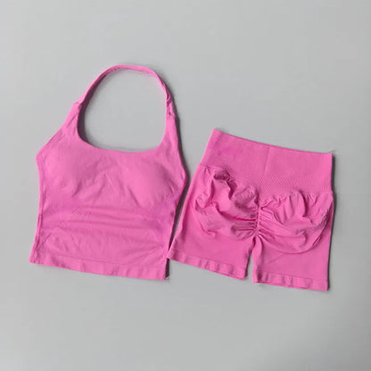 Seamless Halter Neck Yoga Wear Two Piece Women's Push up Sports Bra High Waist Tummy Control Butt Lift Fitness Shorts Set