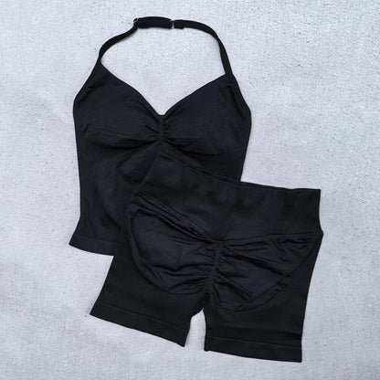 New Seamless Yoga Set Women 2Pcs Padded Halter Tank Top Scrunch Butt Lifting Gym Shorts Set Summer Sportswear Workout Clothes