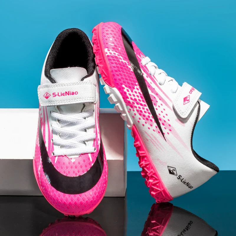 Kids' Turf Soccer Shoes with Rubber Soles, White/Pink, Black/Gold & WhiteMoon for Training