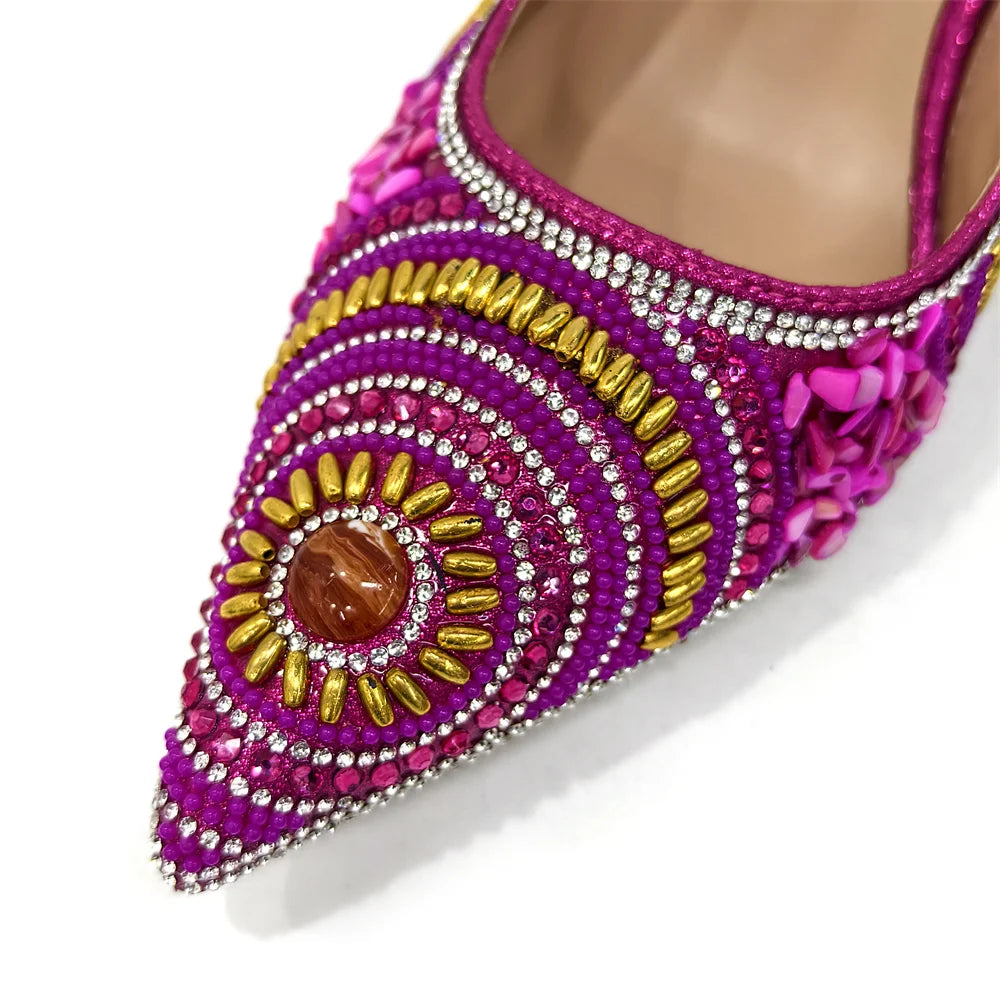 2025 Moda Mais Recente Chegada Laranja Ponta Fina Sandálias Femininas Sapatos com Bolsa Conjunto para Senhoras Festa de Casamento Salto