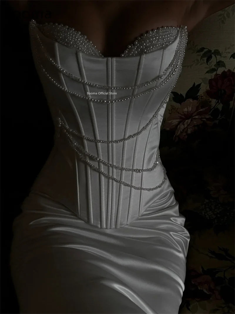 Booma Mermaid Sweetheart Pealrs Sleeveless Satin Simple Wedding Dresses Long Brides Gown Custom Made 2026