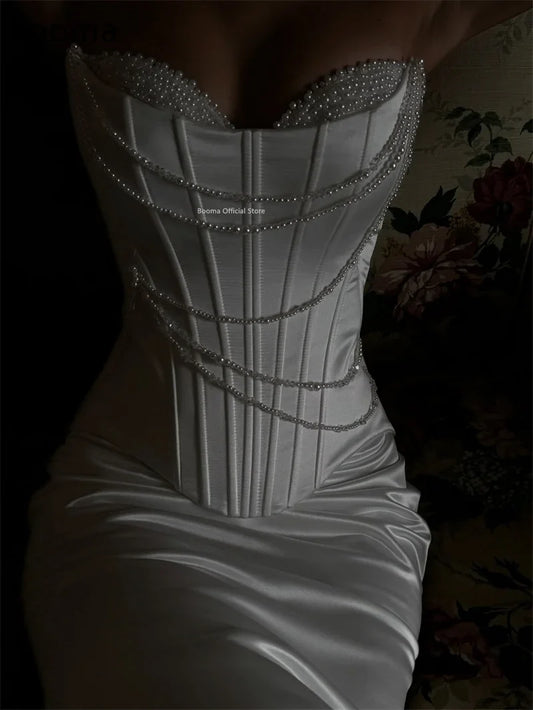 Booma Mermaid Sweetheart Pealrs Sleeveless Satin Simple Wedding Dresses Long Brides Gown Custom Made 2026