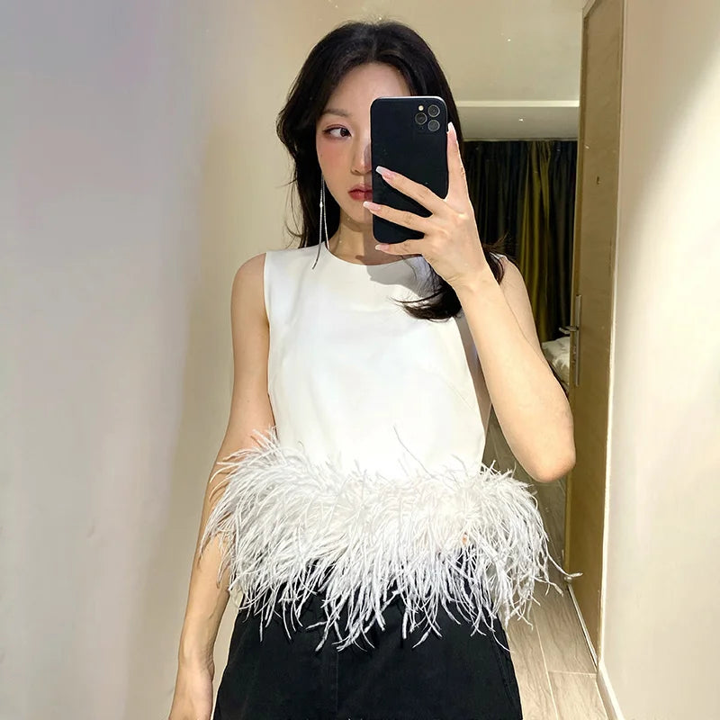 Black Patchwork Feathers Korean Fashion Shirt Top Women Round Neck Sleeveless Slim Tops Female 2021 Summer Clothing