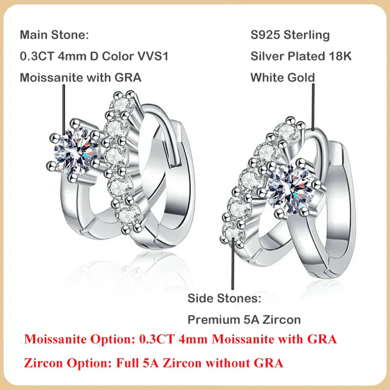 100% Real D Color 0.3CT 4mm Moissanite Hoop Earrings For Women S925 Sterling Silver Plated 18K White Gold Diamond Earring
