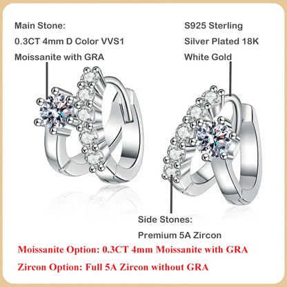 100% Real D Color 0.3CT 4mm Moissanite Hoop Earrings For Women S925 Sterling Silver Plated 18K White Gold Diamond Earring