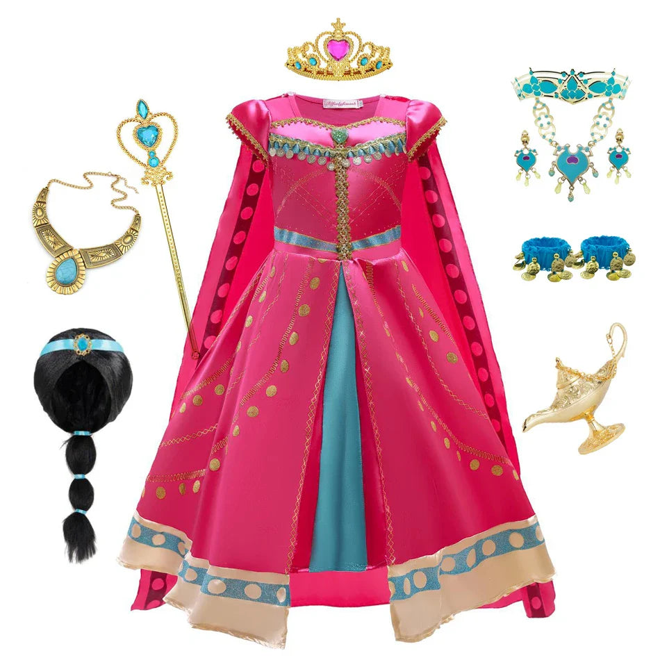 Princess Costume for Girls Arabian Dress for Kids Aladdin Cosplay Christmas Halloween Party with Gloves Crown Wand Accessories