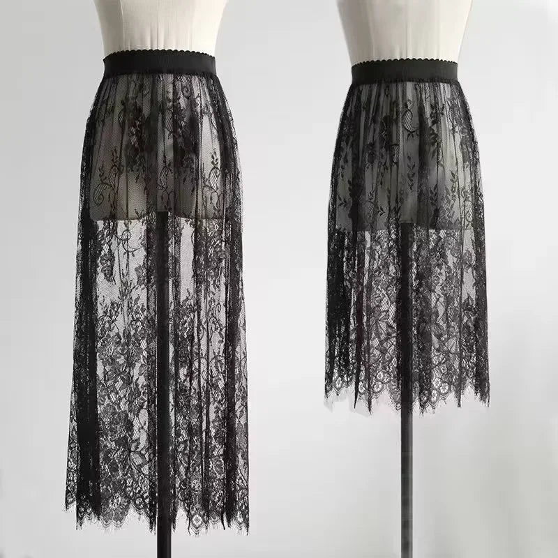 Transparent Sexy Lace Mesh Skirt Elastic High Waist Black White Tulle Mini Skirts Womens Skirt Korean Fashion Women's Skirt