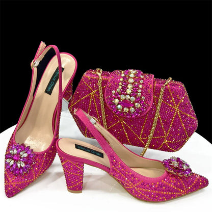 Pointed-Toe Rhinestone Pumps African Ladies Italian Shoe and Bag Set Designer