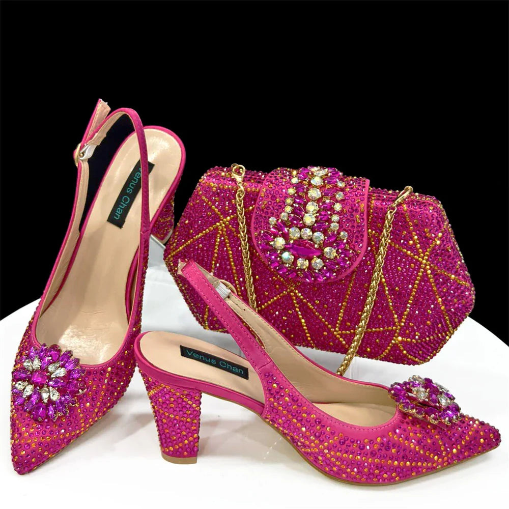 INS Style Green Party Shoe and Bag Set in Women Pointed-Toe Rhinestone High Heels Elegant African Ladies Shoes