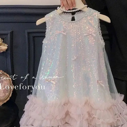 Girls Skirt 2025 Summer New Childrens Clothing Korean Style Girls Baby Bow Glittering Princess Skirt Casual Simple Daily