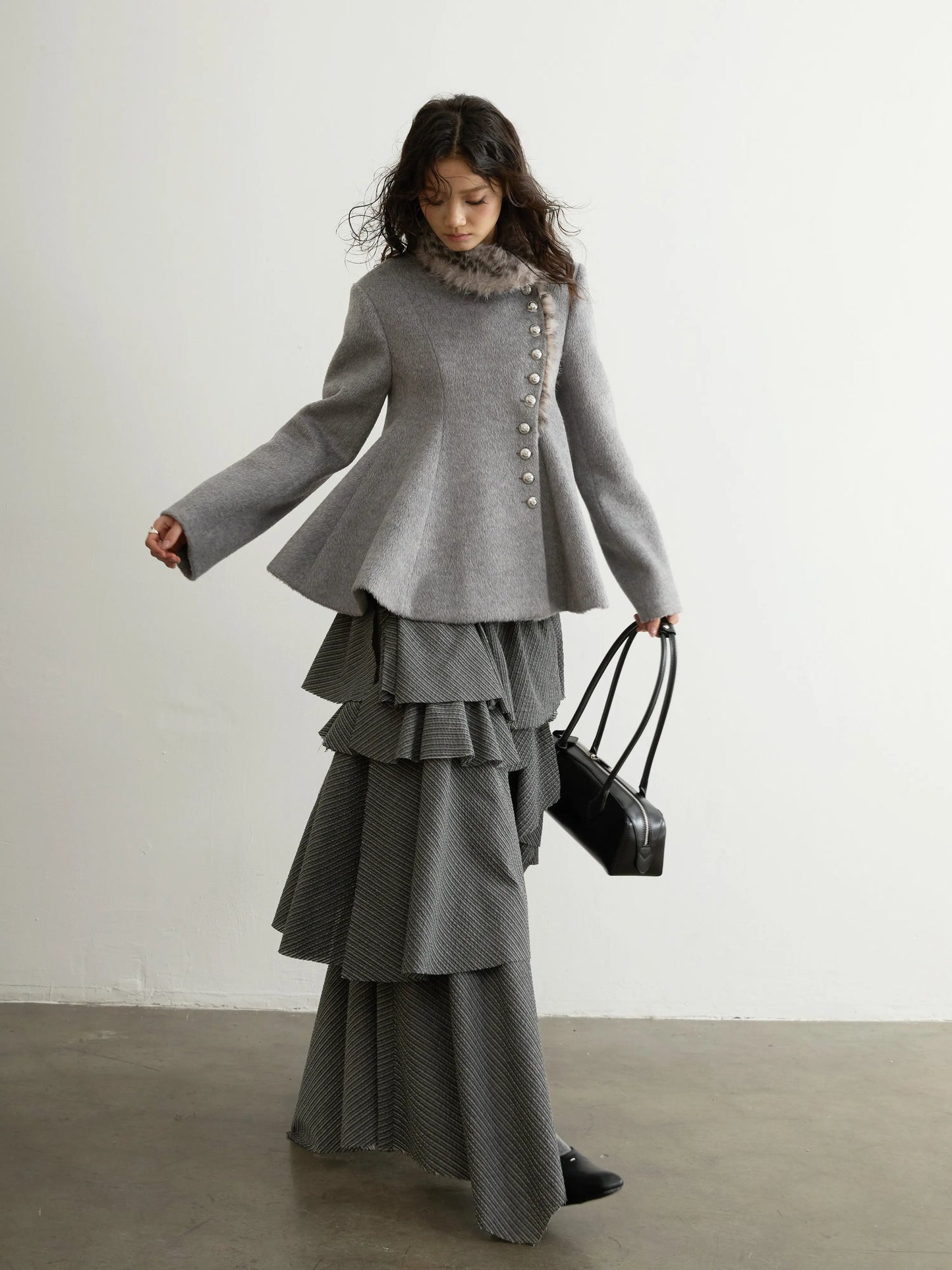 Spring Autumn Grey Striped Ruffled Asymmetrical Tiered Skirt Women Long Elegant Chic Luxury Designer Clothes Fashion