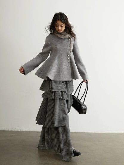 Spring Autumn Grey Striped Ruffled Asymmetrical Tiered Skirt Women Long Elegant Chic Luxury Designer Clothes Fashion