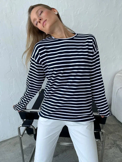 2025 Summer Long Sleeve Striped T-Shirts Women Basic Casual Tops Female Cozy Loose Cotton Tees Harajuku T Shirt New