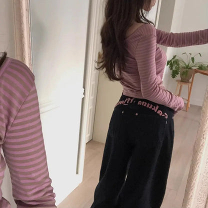 Women's Sweet Casual Full Length Baggy Denim Trouser Retro Emo Harajuku Loose Jeans Letter Embroidery High Waist Y2K 2000s Pants