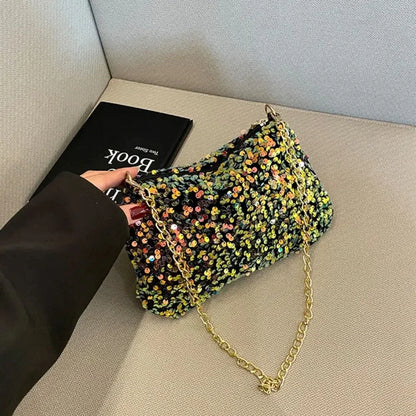 Solid Color Sequins Crossbody Bag Simple INS Chain Sequins Shoulder Bag Pocket Bag Phone Bag Small Square Bag Dinner Party