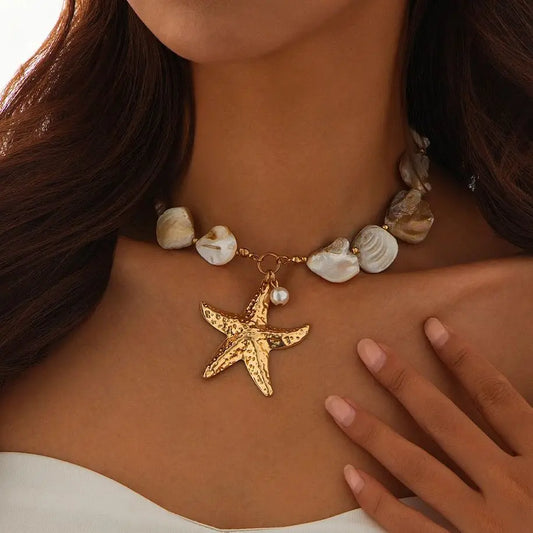 Boho Gold Color Large Starfish Pendant Necklace for Women Vintage Imitation Pearl Conch Chain Short Choker Collar Chain