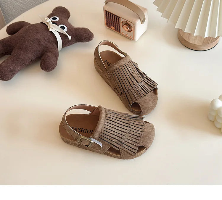 Summer Peep Toe Tassel Children Shoes Girls Sandals Soft Bottom Flat Heel Buckle Girl's Shoes Back Strape Slingbacks Shoe I05285