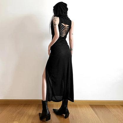European And American Style Sleeveless Hooded Dress Long Split Hollow out Pure Color Women's Gown