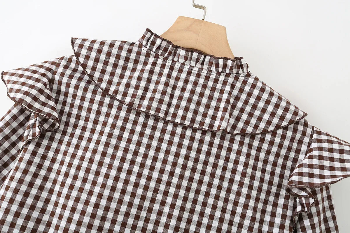 Women's Cotton Gingham Cropped Ruffle Tie Neck Blouse Spring Autumn 2026 Chic Modern Long Sleeve Shirt Tops for Woman