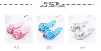 Girls Summer Sandals Slipper Sequined Princesse Children High Heel Party Dress Shoes Leather Slipper For Kids Slides