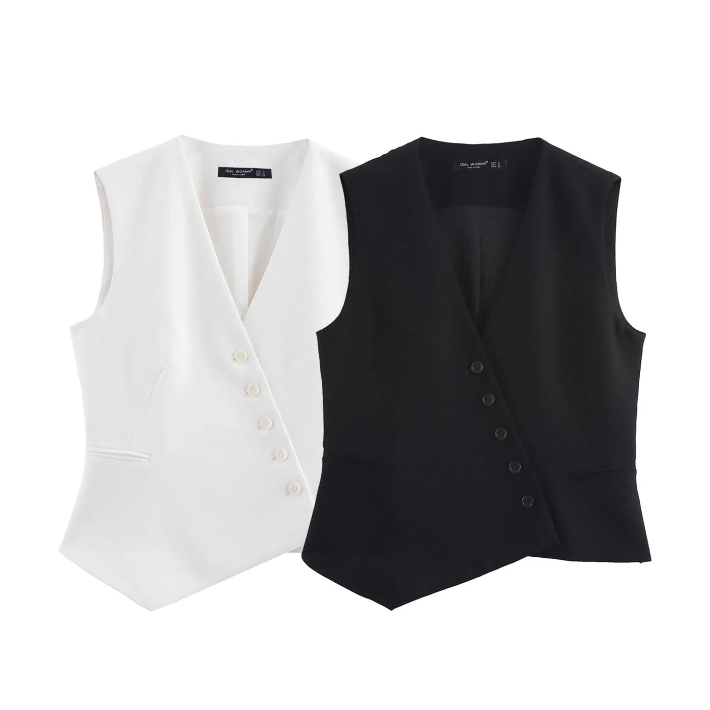 Casual Women Solid Tops Asymmetric V-Neck Single Breasted Pockects Sleeveless Vest Fashion 2025 Autumn Blazer Tops