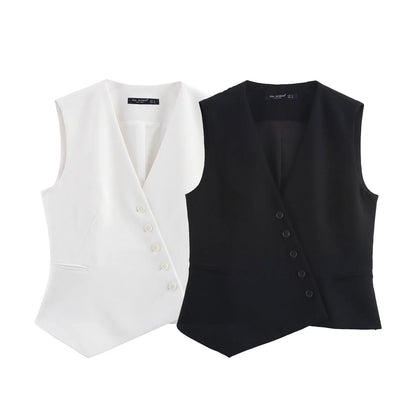 Casual Women Solid Tops Asymmetric V-Neck Single Breasted Pockects Sleeveless Vest Fashion 2025 Autumn Blazer Tops