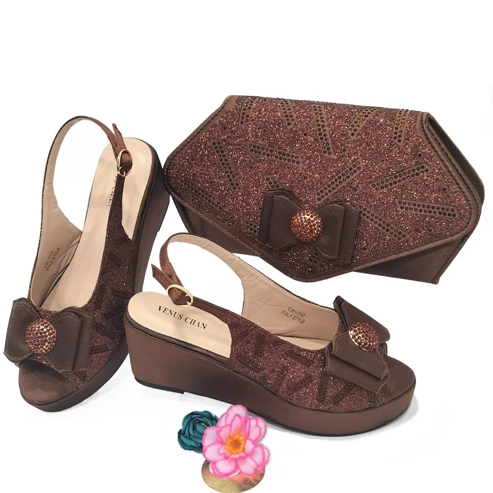 Sapatos e bolsas italianos combinando 2024, festa feminina de salto para cor café, design italiano, casamento, sapatos de tamanho maior